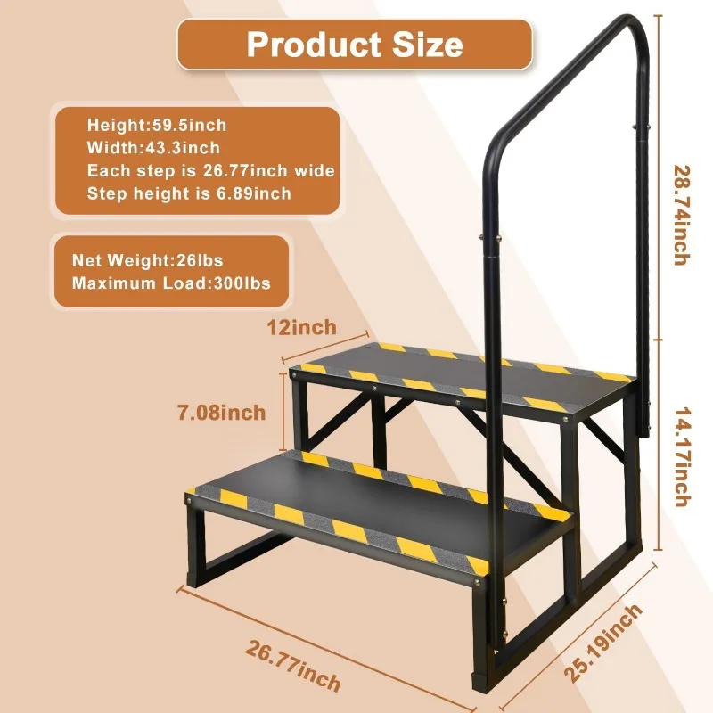 2-stufige Wohnmobil-Treppe, Outdoor-Spa-Trittleiter mit Handlauf, tragbare Wirtschafts-Treppe mit 5. Rad für Reiseanhänger, Wohnmobil, Wohnmobil