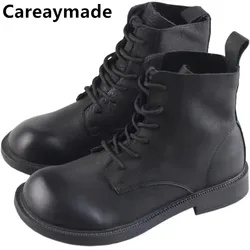 Careaymade-feito à mão 100% botas curtas de couro genuíno, botas de salto plano de mulher grande cabeça, sapatos de lazer feminino botas femininas quentes