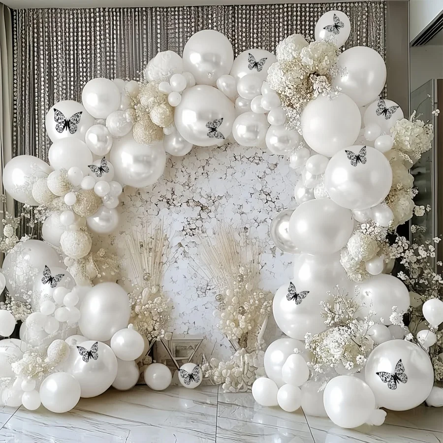 119-teiliges Perlweißes Ballonbogen-Set, 3D Schwarze Schmetterlingsaufkleber kombiniert mit Perlweißem Ballonset, Hochzeits-Themen-Girlandendekoration, geeignet für Hochzeiten, Geburtstage,