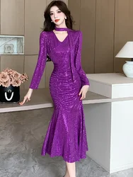 Women Purple Sequins Pleated Bodycon Ruffled Mermaid Dress Autumn Winter Elegant Luxury Party Dress 2026 Korean Vintage Vestidos