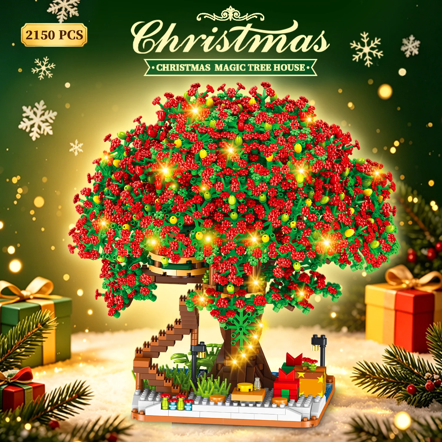 2150Pcs Christmas Tree House Building Blocks With LED Lights MOC Magic Tree Cabin Bricks Model Kit Home Decoration Toys Best Chr
