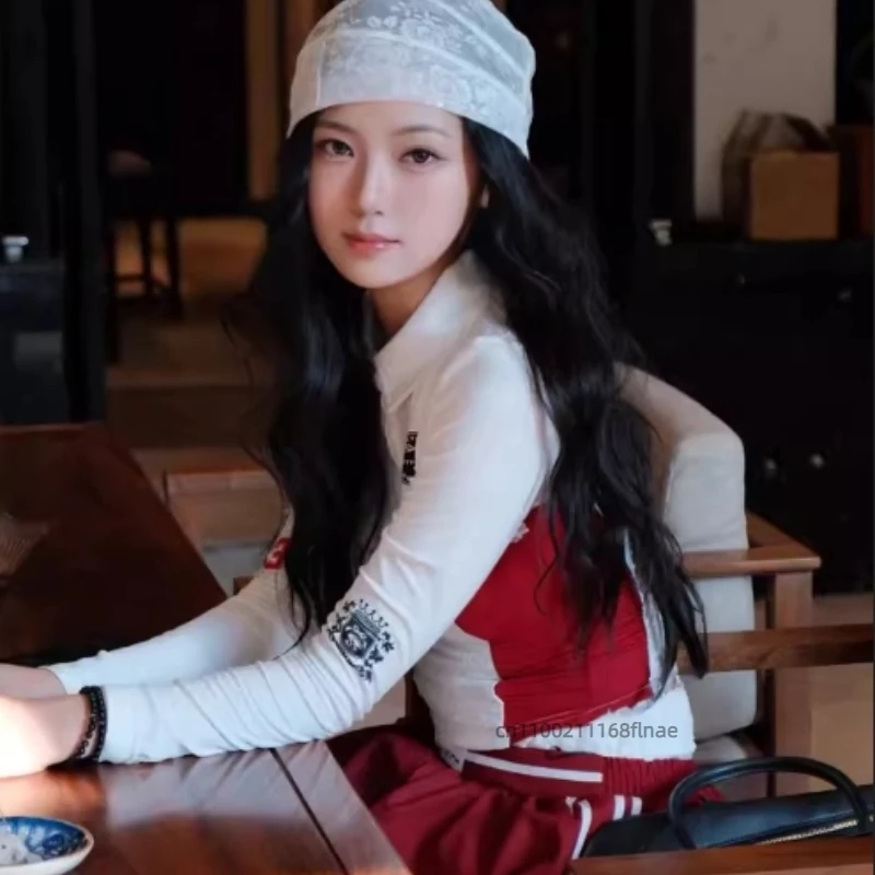 Costume da ballo di strada T-shirt americana in pizzo dolce e piccante a maniche lunghe da donna, vestibilità aderente, polo dimagrante, set di design