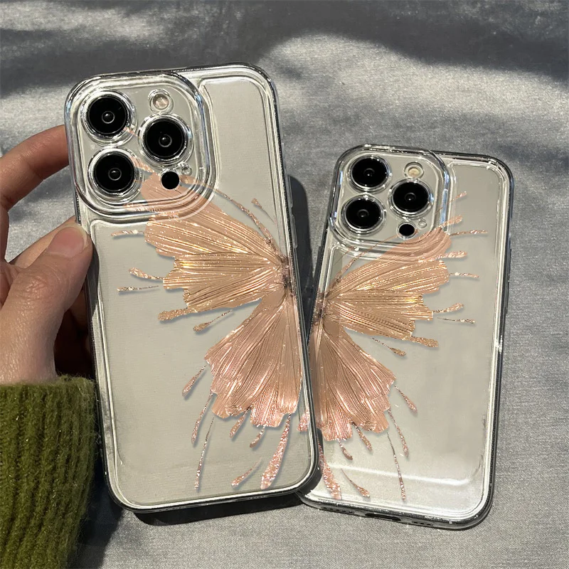 INS Gold Pink Butterfly Phone Case For iPhone 11 12 13 14 15 16 Pro Max X XR XS Max 7 8 Plus SE 2020 Soft TPU Transparent Cover