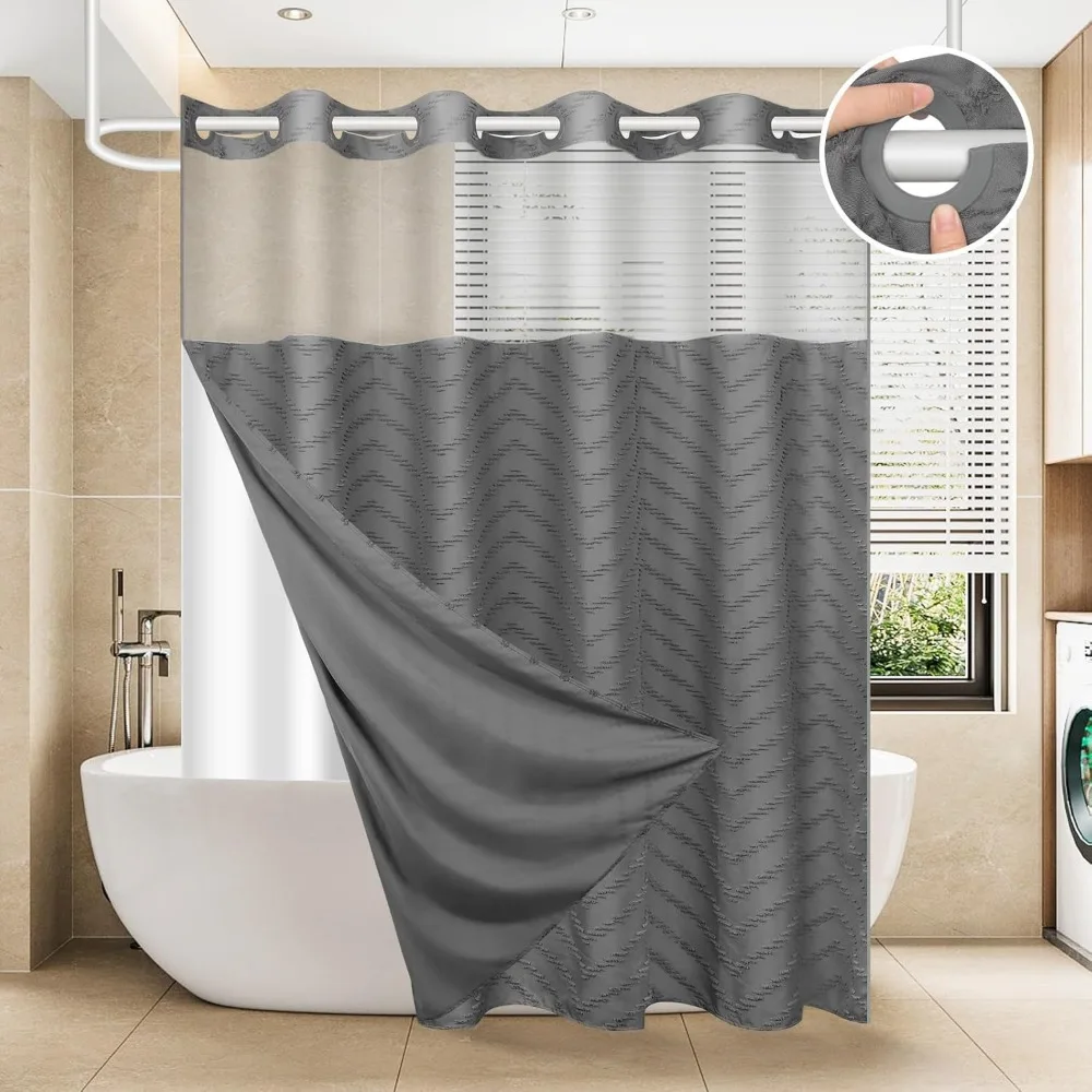 

Grey Tufted Chevron Striped Waterproof Washable Shower Curtain Set with Mesh Window 71x74 Inches