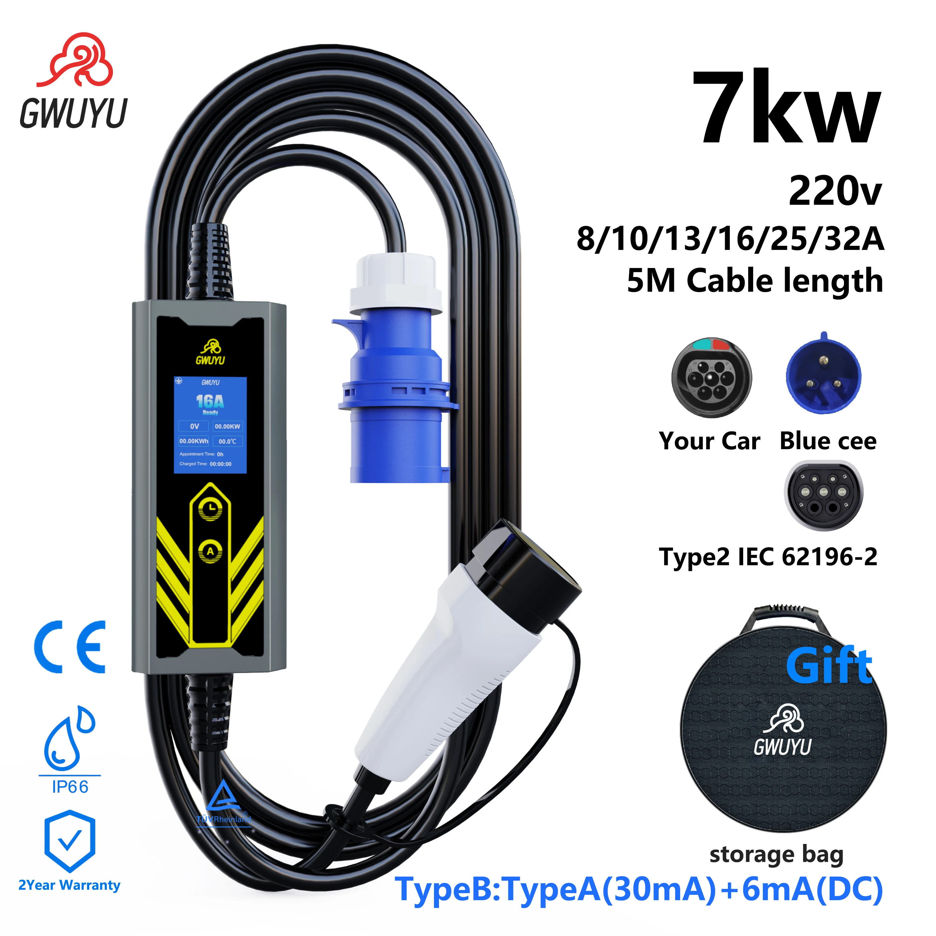GWUYU Type 2 chargeur de voiture électrique 11KW 16A courant réglable Type B avec Protection contre les fuites IP66 7KW 32A Wallbox EV Portable