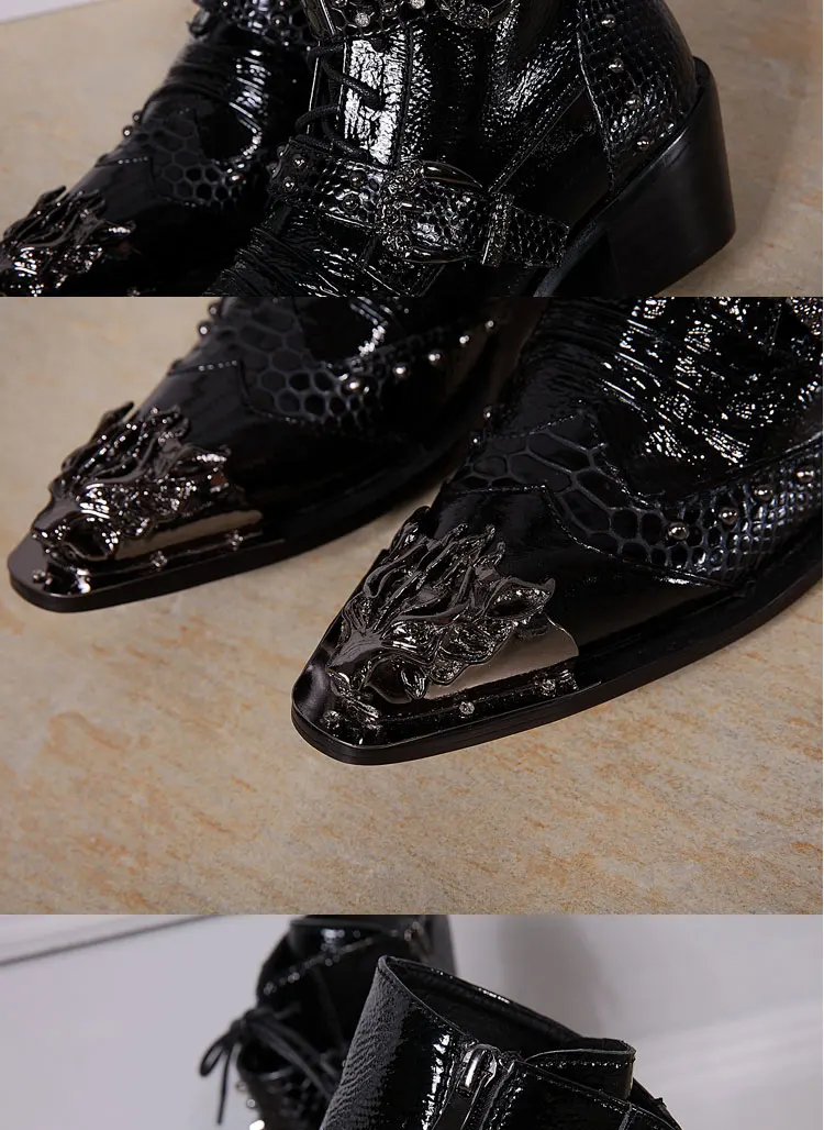 Herren Maßgefertigte Schlangenleder-Stiefel mit Nieten, Mittelhoch, Spitze Zehenkappe, Luxuriöser Singer-Modell-Stil, Bar-Party, Persönlichkeit, Herbstschuhe – Detail 21