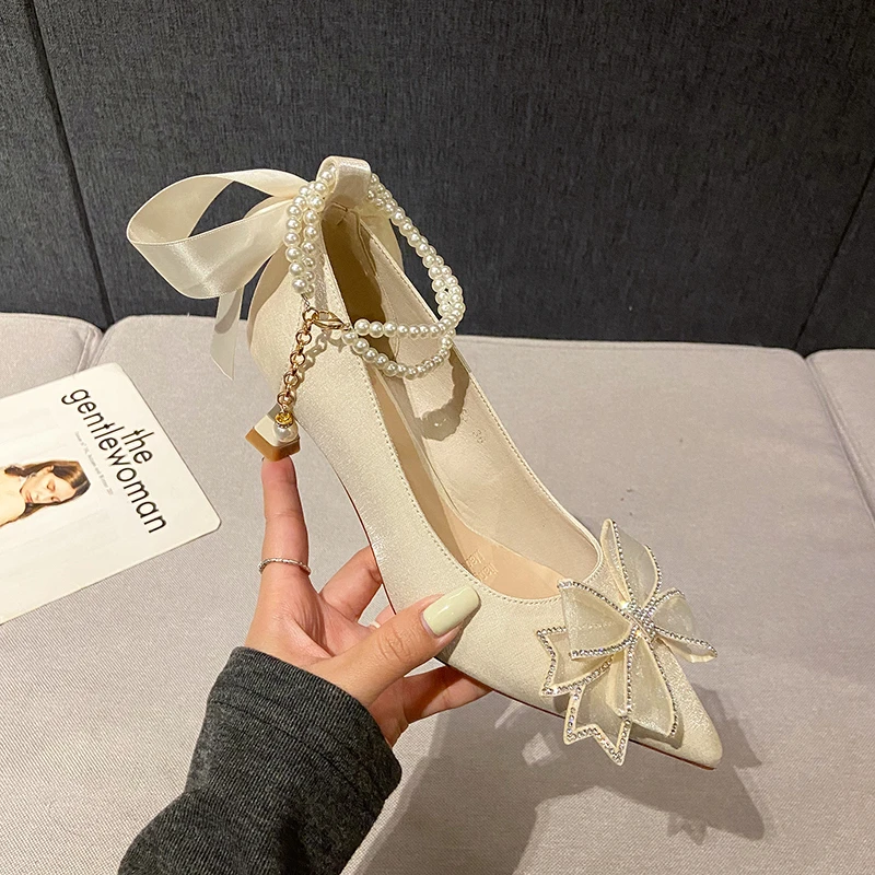 Rimocy Crystal Bow High Heels Shoes Women Pointed Toe Pearl Ankle Strap Pumps Woman Fashion Silk Thin Heels Party Shoes Female