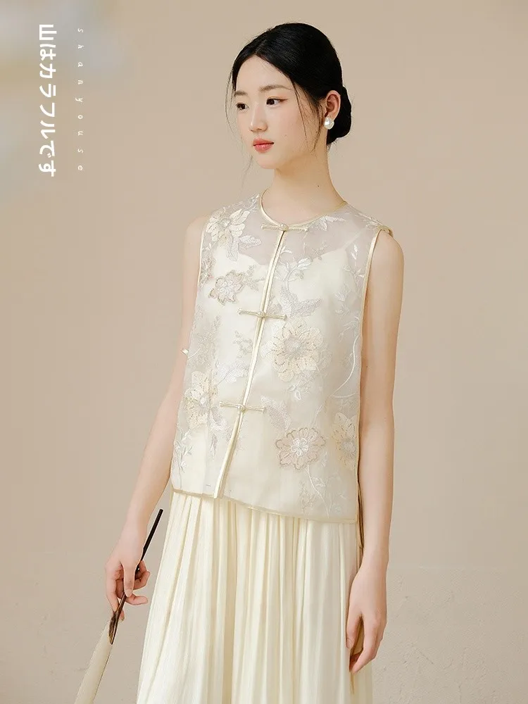 

Летний шелковый кружевной топ с вышивкой, тонкая модель, в китайском стиле, женский, с горным узором, новая традиционная национальная модель, модный тренд