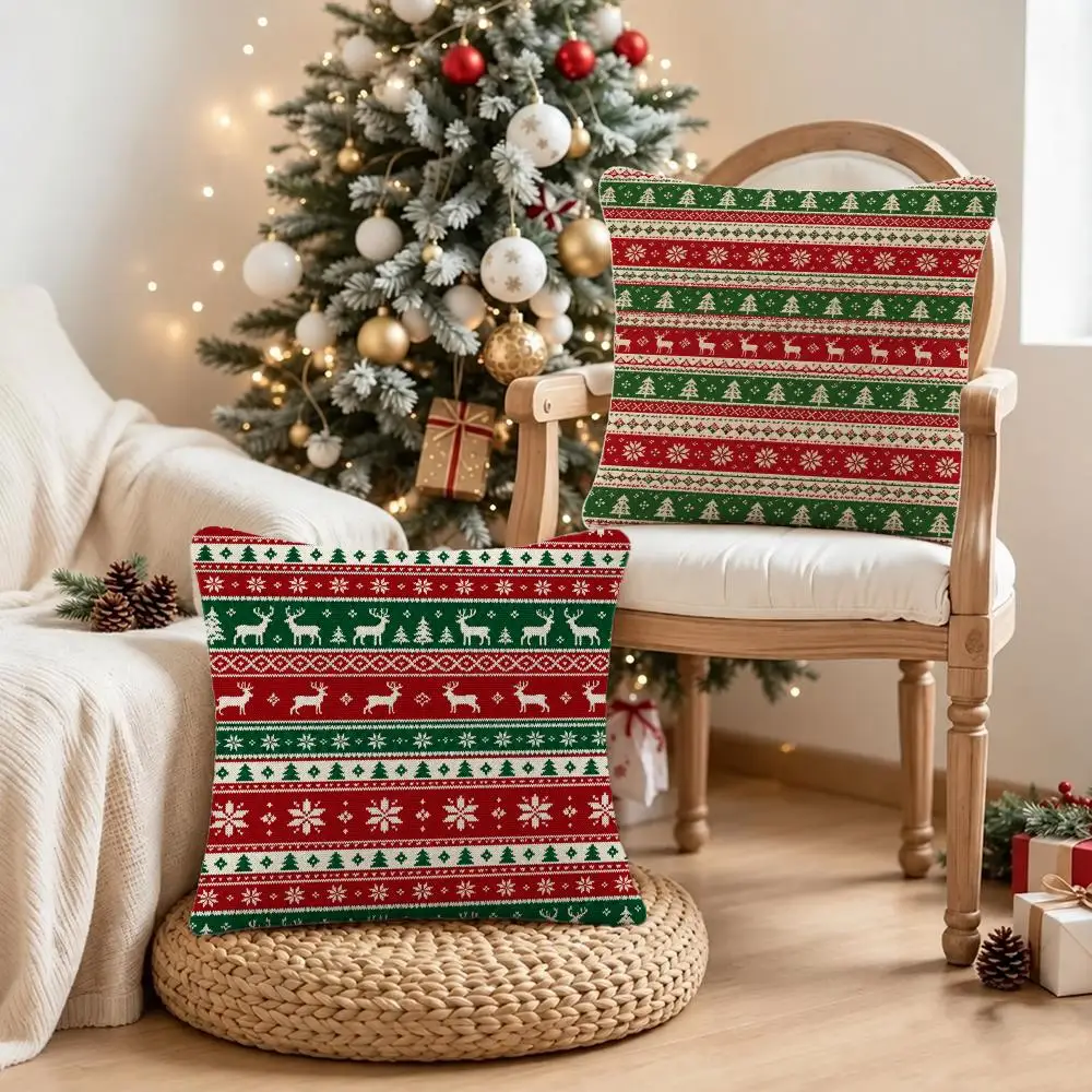 istmas Plaid Reindeer Scatter  Cushion Cover Short Plush Pillowcase, Sofa Bedroom Home Decor, Ideal Holiday Gift