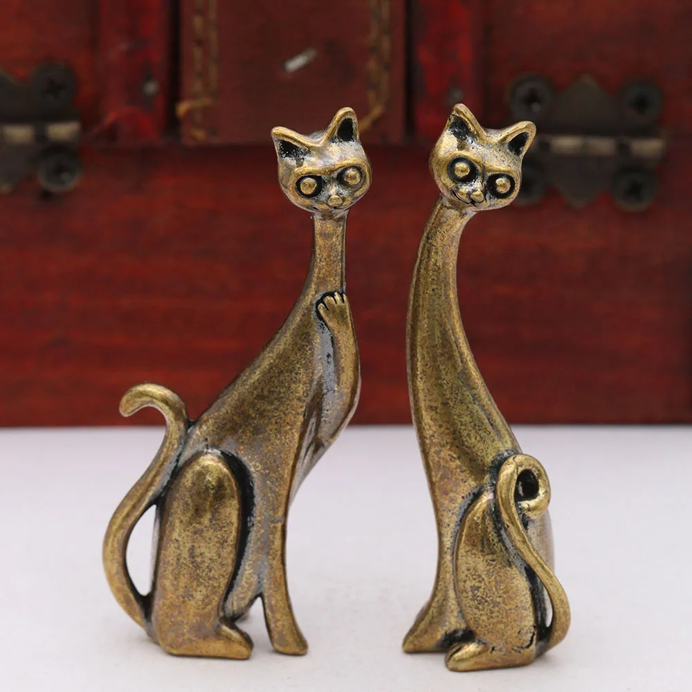 2 Styles Brass Modern Long Neck Cat Figurines Cute Desktop Ornament Retro Animal Small Statue Home Decoration Crafts Accessories