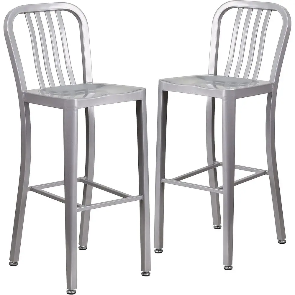 

30 Metal Bar Stools with Footrest, Veal Slat Back, Set of 2, Silver for Bars and Kitchens