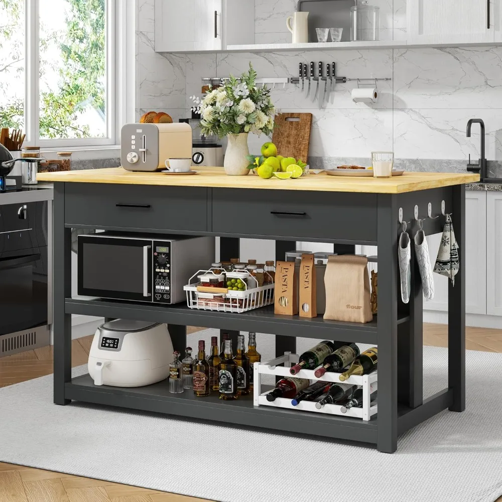

Extra Large Solid Rubberwood Kitchen Island with Power Outlets, Ample Work Space, Two Drawers, and Open Shelves Storage