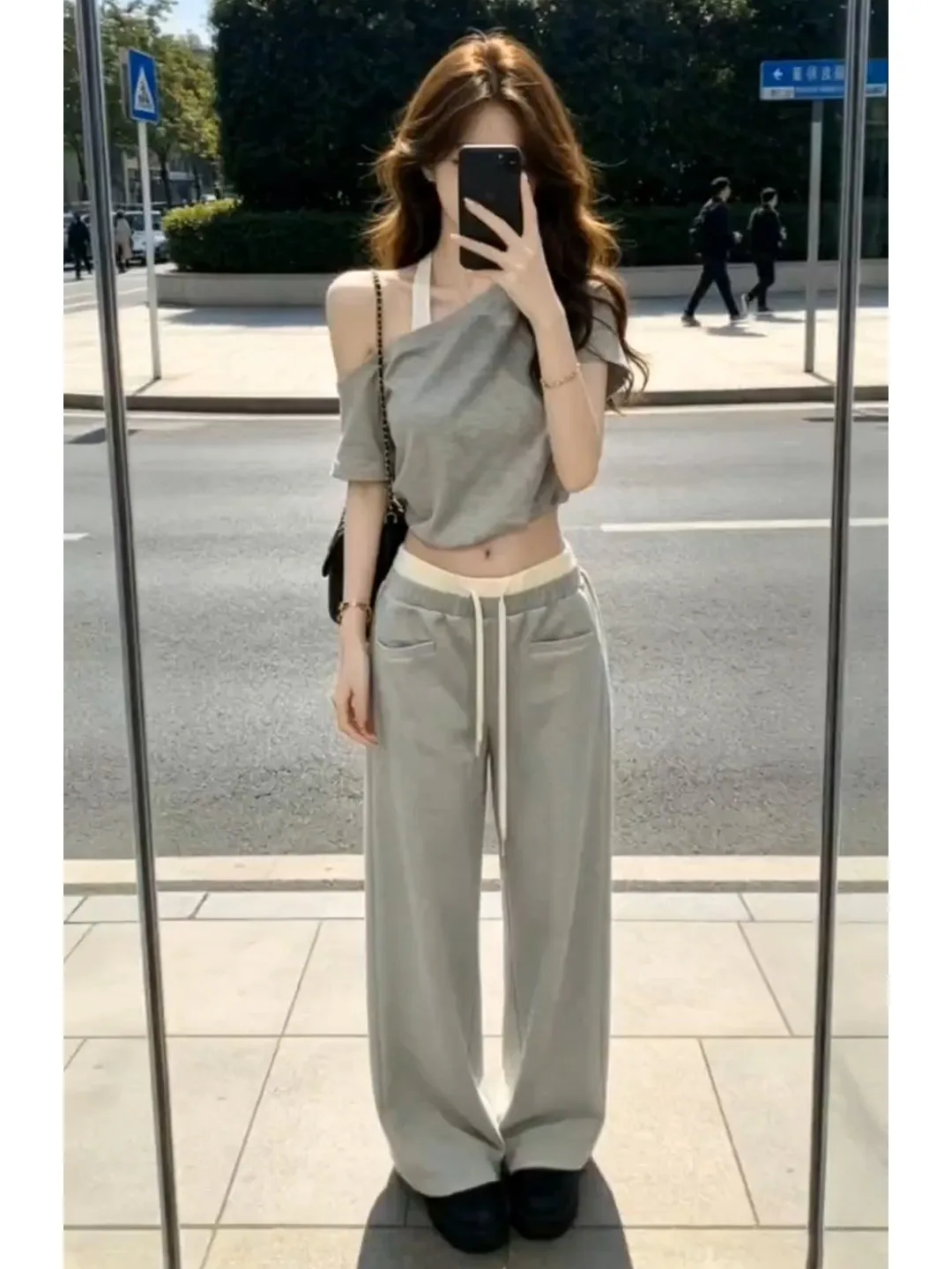 

Korean Grey Asymmetrical Shoulder Short Sleeve T-Shirt Women's Summer Casual Color Block Drawstring Wide Leg Pants Set