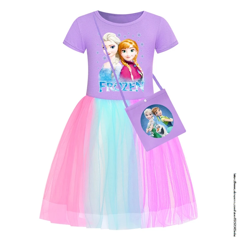 Frozen Elsa Kids Clothes Knee-Length Dresses Cotton Rainbow Short Dress Teenagers Cartoon Girls Clothing Party Clothes Princess