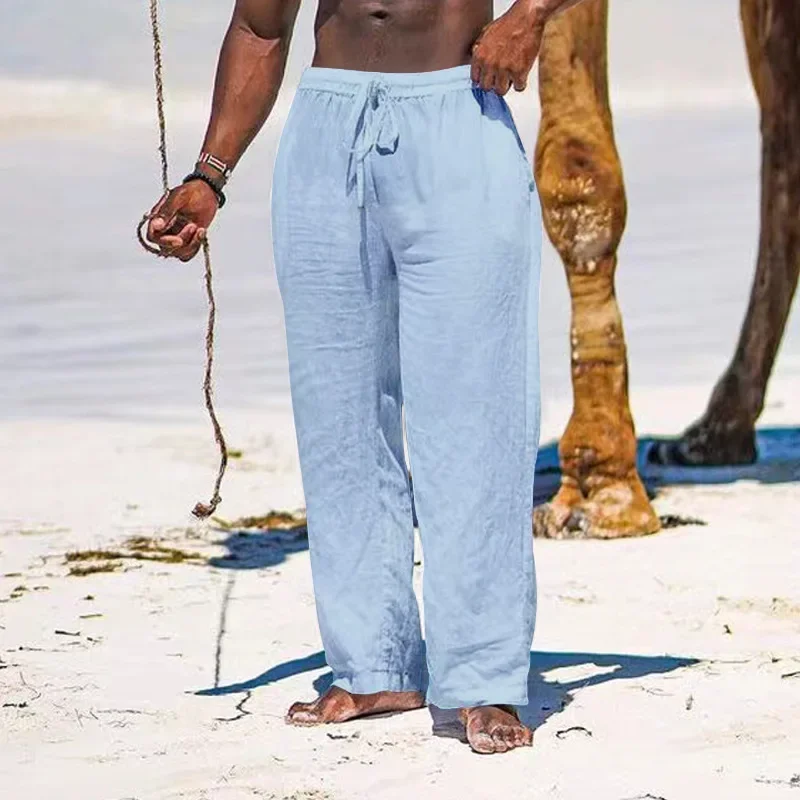 

Men's Linen Pants Casual Loose Drawstring Yoga Beach Pants Solid Color Versatile Personality Simple Casual Pants