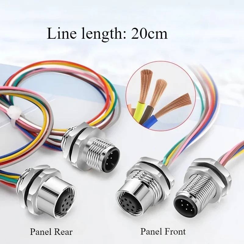 مقاوم للماء M12 4 5 8 12 دبوس كابلات الموصلات IP68 ذكر أنثى مقبس الطيران مع سلك 20 سنتيمتر مفتوح 12 مللي متر/16 مللي متر لوحة جبل مآخذ