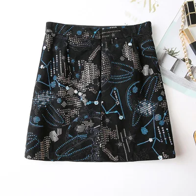 2022 Real Sheepskin Sequin Embroidered Skirt Women\'s High Waist New Fashion A-Line Skirt Short Skirt J9