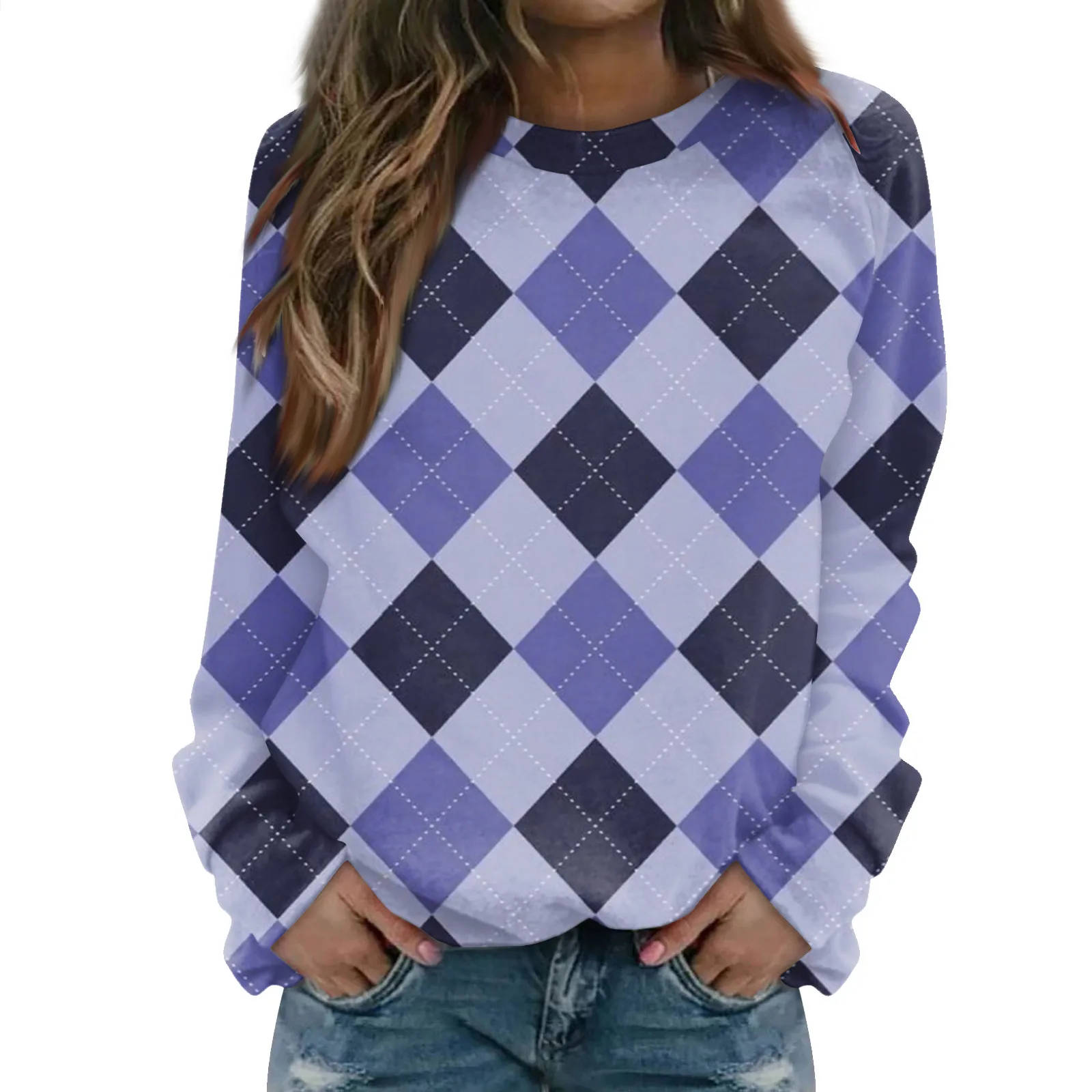 

Raglan Sleeve Striped Printed Pullover Diamond Checkered Pattern Top Casual Round Neck Top Spring And Autumn Women'S Pullover