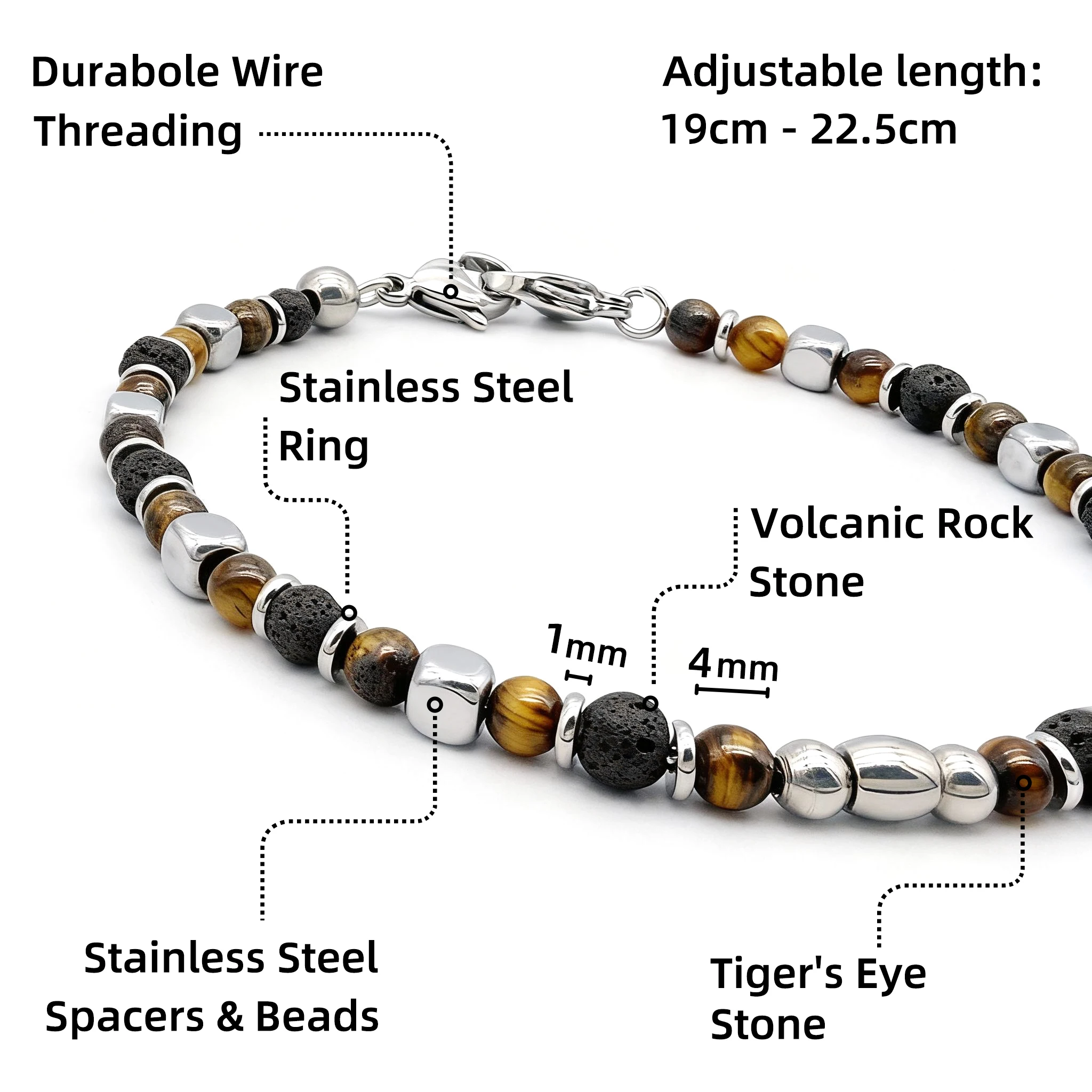 Men\'s Runda Natural Stone Bracelet Tiger Eye 4mm Charm Bead Stainless Steel Adjustable Handmade Good Luck