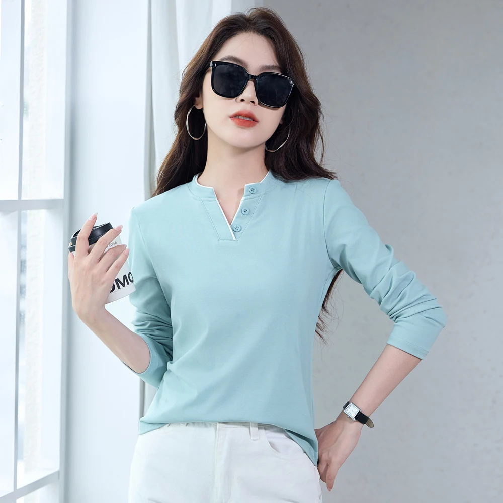 

Korean style blue long sleeved T-shirt for women's autumn new high-end cotton fashion plus size slim fit V-neck casual top