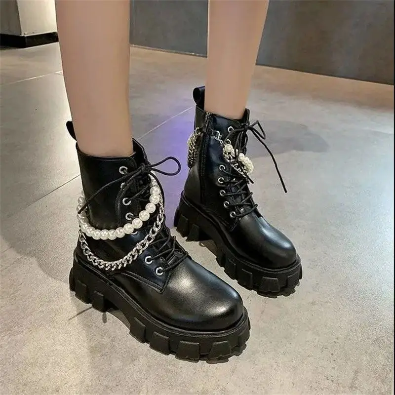 Damskie botki Combat Platform Punk Style Leather Sexy Booties Footwear Chunky Short Shoes for Woman Black with Lace Biker