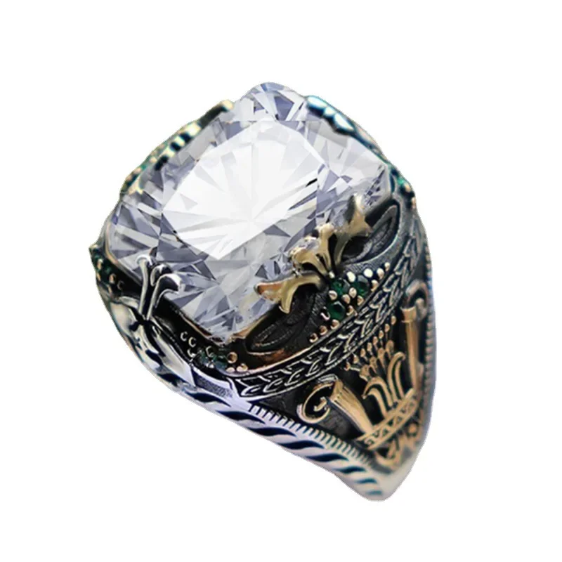 European and American Inlaid Emerald Luxury Ring Male Personality Retro Domineering Ring To Attend Banquet Party Jewelry