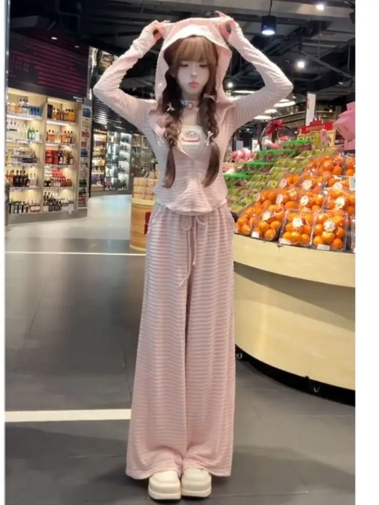 

KING BRAND Rabbit Ear Hooded Sun Protection Cardigan Casual Strap Vest Tee Piece Set Autumn Long Sve Zipper Women's Set