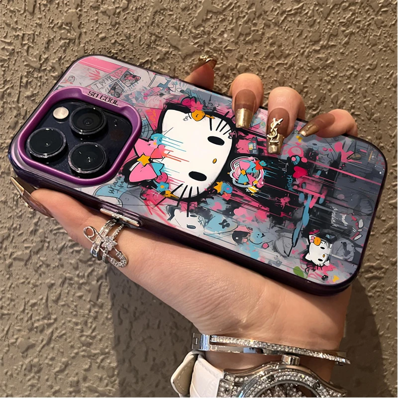 سانريو الكتابة على الجدران مرحبا كيتي جراب هاتف آيفون 17 16 15 14 13 12 11 برو ماكس زائد 17 الهواء 16E X XR XS ماكس للصدمات غطاء كامل #5