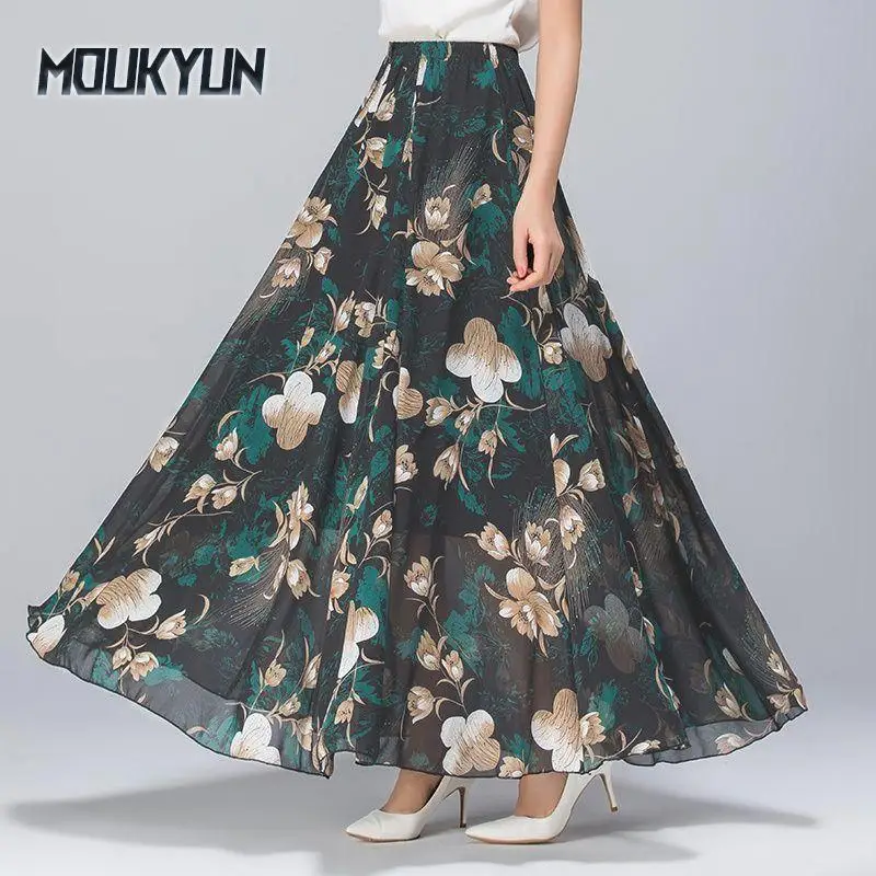 

Women Summer Chiffon Skirts Summer Plus Size Bohemian Floral Big Swing Female Beach Long Skirt A-line Faldas