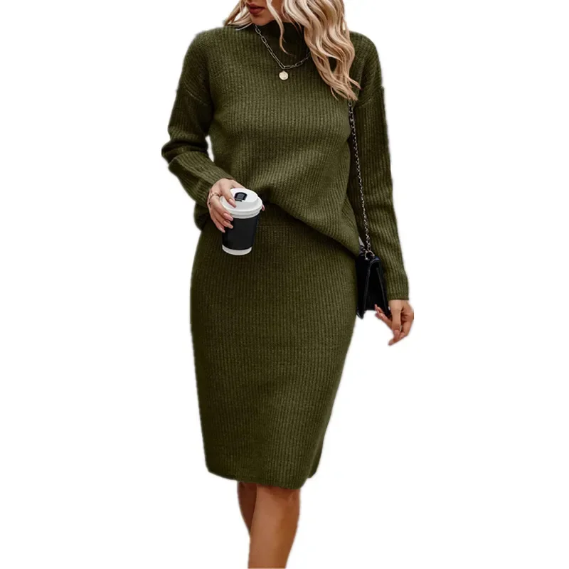 Two Piece Skirt Sets Women Knit High Waist Skirts Solid Full Sleeve Sweater Pullovers Thick Spliced Solid Casual Suits