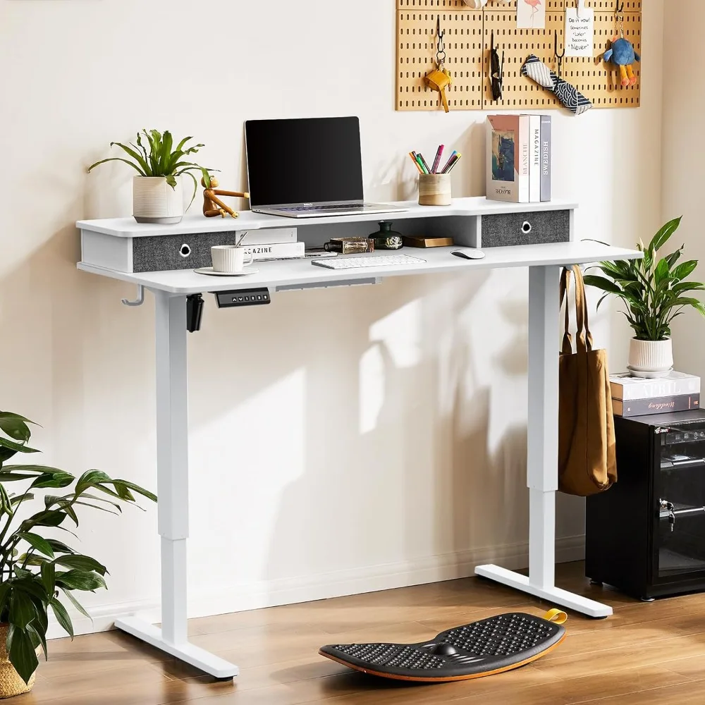 Electric Standing Desk - 55 x 24 Inch Adjustable Height Sit and Stand Up Computer Table with Double Drawers,