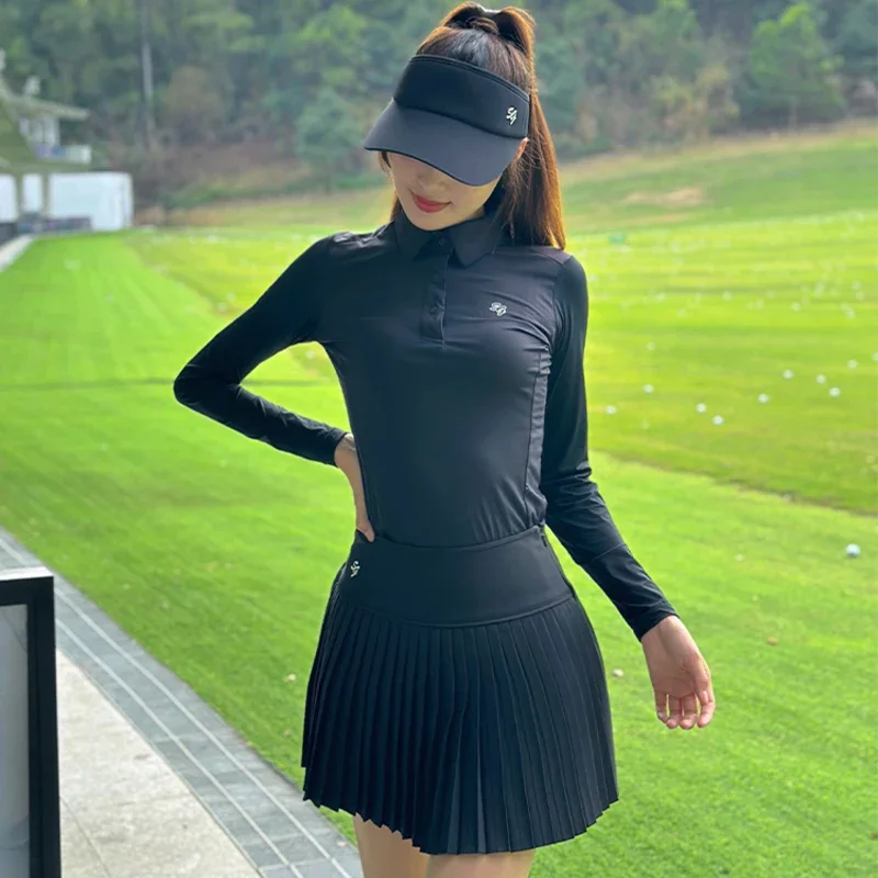 2024 SG Golf New Women\'s Shirts Sunscreen Long Sleeve Lapel Tops Ladies Sports Pleated Skort High Waist Anti-Light Golf Skirts