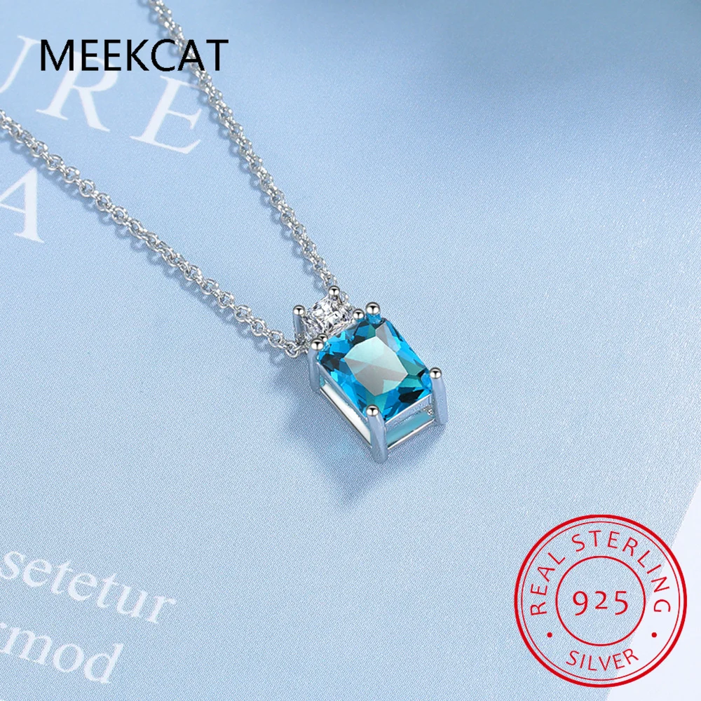 Collar con colgante cuadrado de Plata de Ley 925 con zafiro creado de topacio azul cielo con corte esmeralda para mujer, gargantilla de joyería fina con piedras preciosas