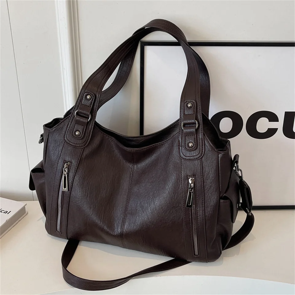 New Solid Zipper Dual Main Pockets High Capacity Handbag For Women Sewing Thread PU Fashion Ladies Bag Shoulder Bag