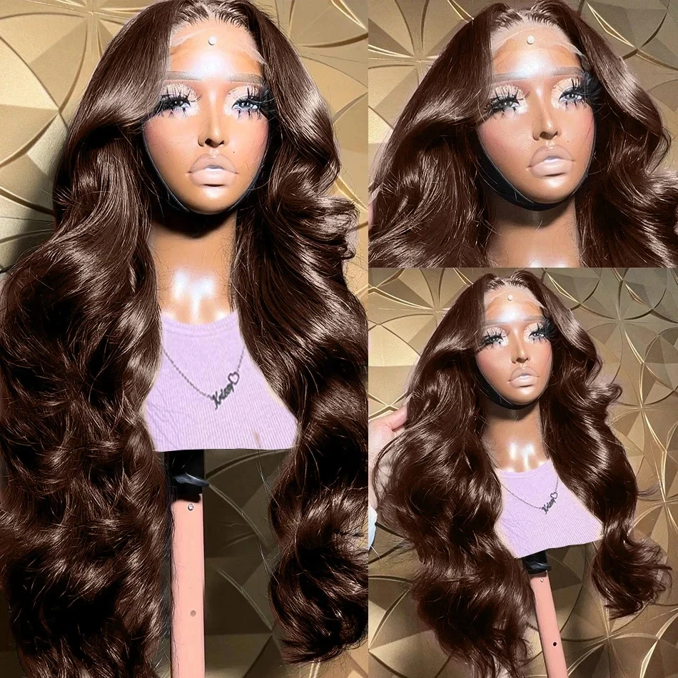 Perruque Lace Front Wig Body Wave Naturelle, Cheveux Humains Colorés, Brun Chocolat, 13x6