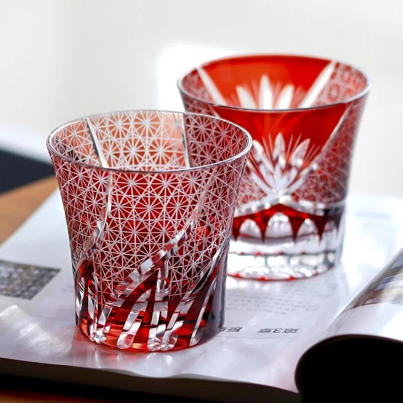 Most Cost-effective Edo Kiriko Glass Hand Carving Colored Crystal Whiskey Cup Wine Glass Wineglass Fine Drinkware Wood Gift Box