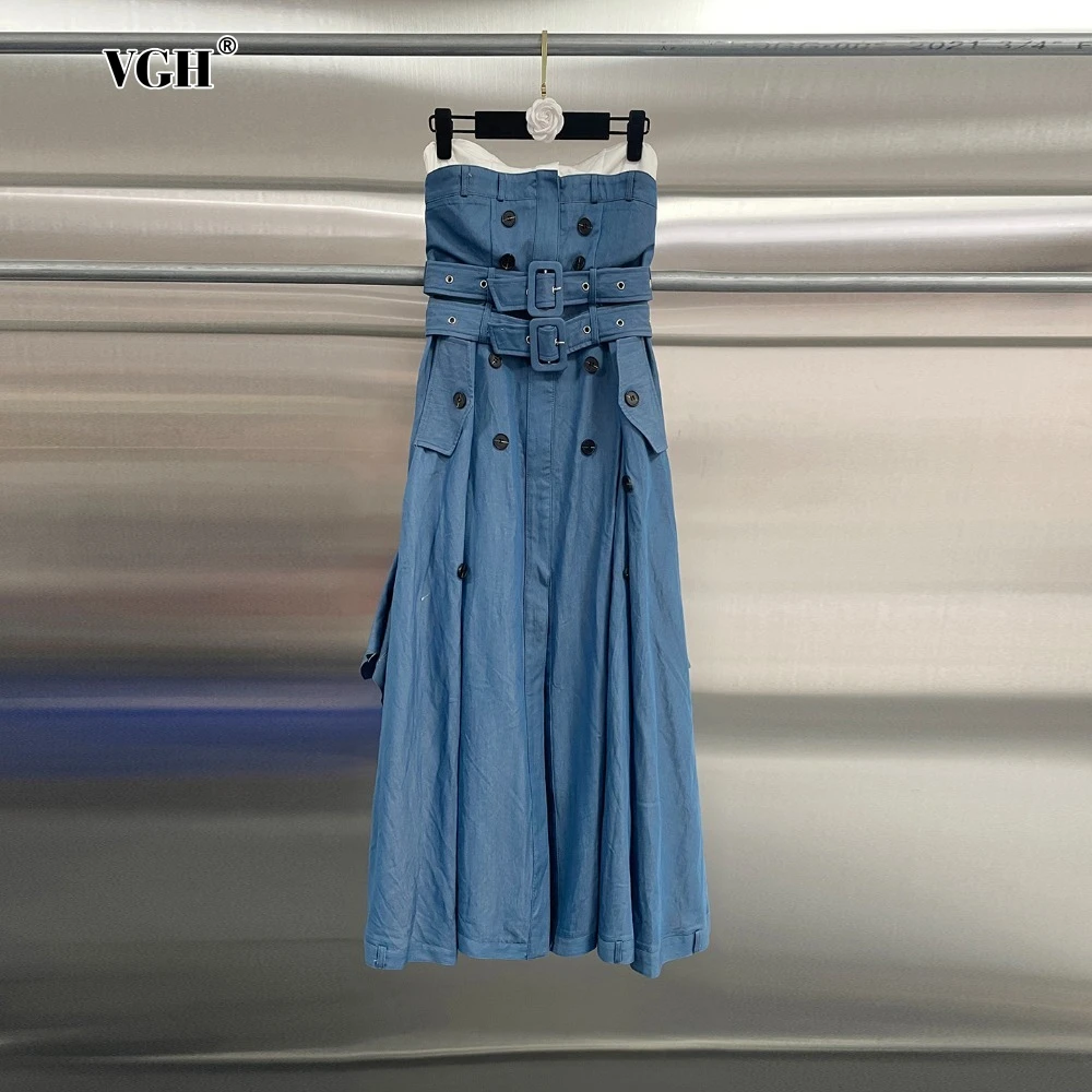 

VGH Hit Color Elegant Spliced Double Sashes Dress for Women Strapless Sleeveless Slimming A Line Dresses Female Autumn New Style