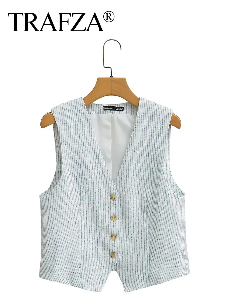 TRAFZA Women Elegant Striped Vest Single Breasted V Neck Sleeveless Waistcoat Top Summer Summer Casual Office Lady Chic Top Vest