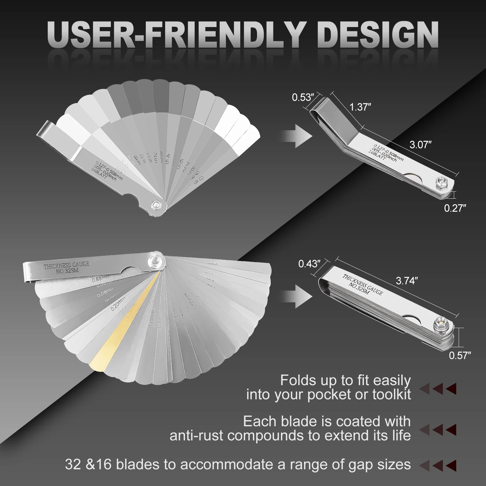 Universal High Turbo Power Tool 32 Feeler Gauges+16 Elbow Feeler Gauges 10mm 12mm 14mm 16mm Spark Plug Gap Adjustment Tool