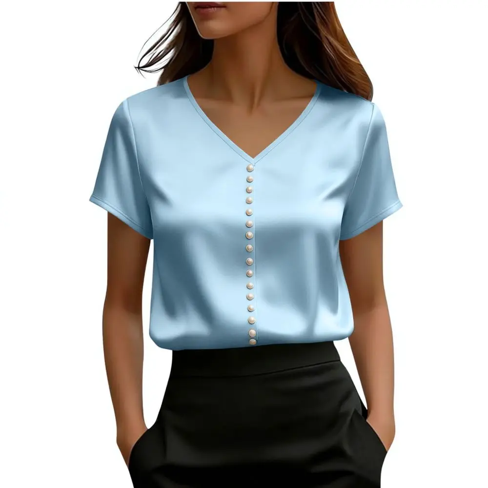 Summer Satin Short Sleeve Blouse Women Pearl Neck Fashion Elegant Casual Streetwear Loose Breathable Soft Female T Shirt Tops