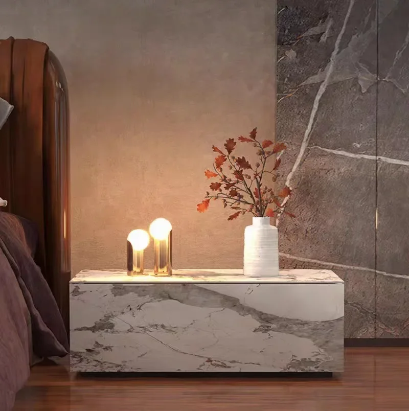 Full Stone Plate Bedside Table Simple Modern Designer Bedroom Storage Organizer Side Cabinet Storage Rack