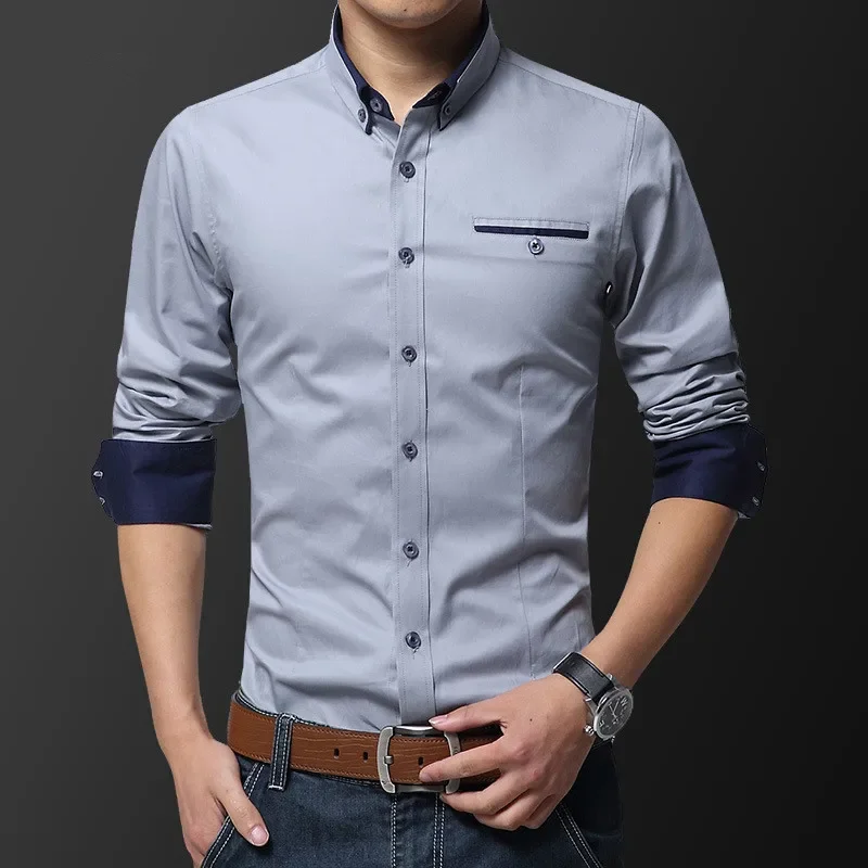 

2026 Men's Smart Casual Office Dress Shirts Solid Long Sleeve Button Up Shirt Turn-down Collar Club Party Shirts Mens Clothing