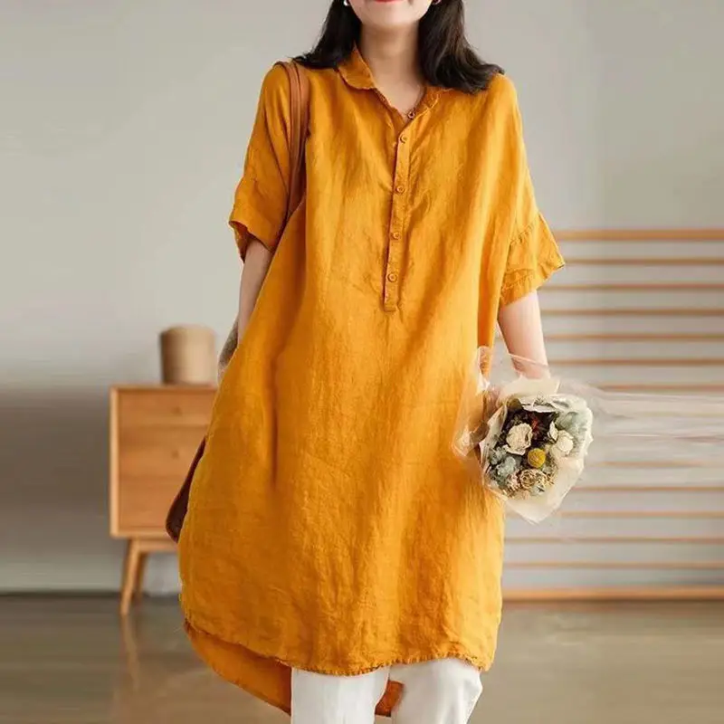 Summer New Solid Color Cotton Linen Loose Casual Shirt Women Short Sleeve Oversized Aesthetic Tops Women All Match Femme Clothes