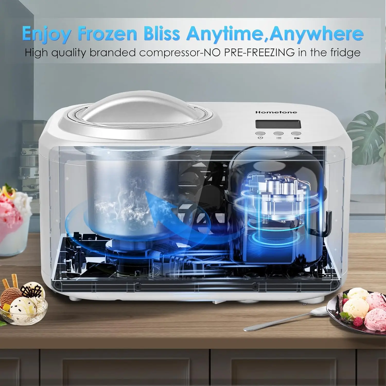 Ice Cream Maker 1 Quart, No pre-Freezing Automatic Ice Cream Yogurt Machine with Built-in Compressor and LCD Timer