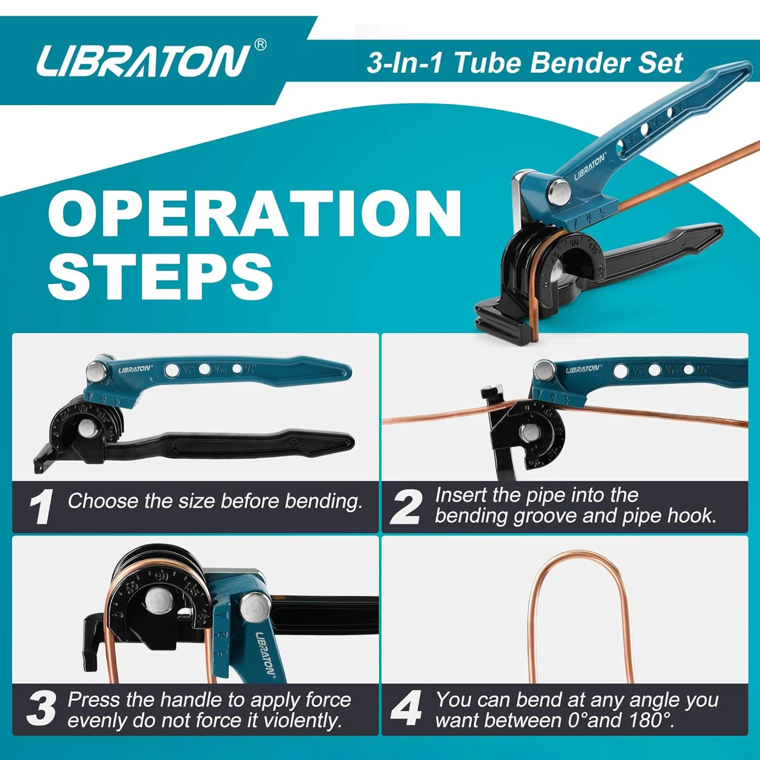 LIBRATON 3PCS Tube Bender Set for Aluminum Brass Pipes, 3-in-1 Manual Tubing Bending Tool & Tube Cutter & Deburring Tool