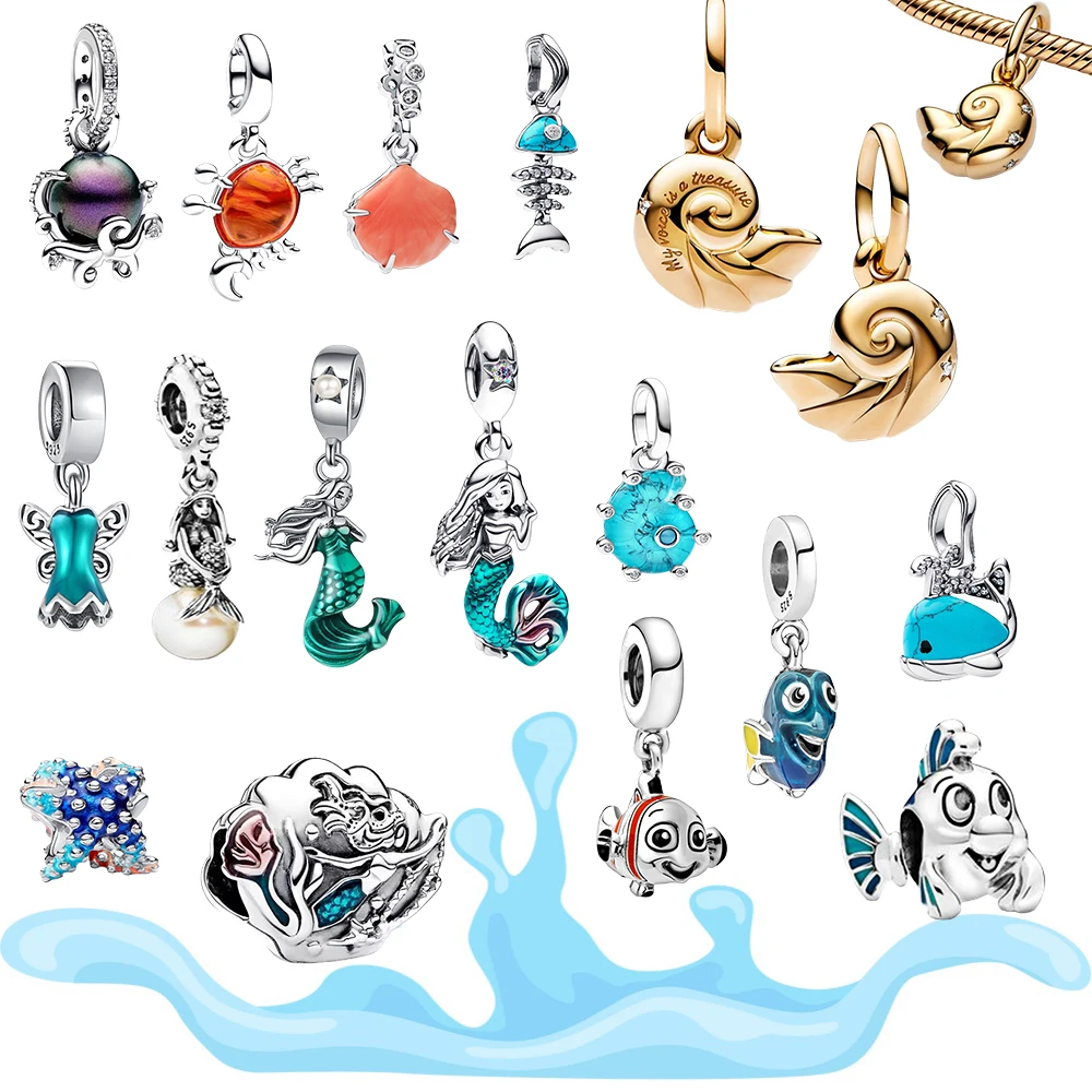 Disney New Ocean Series Mermaid Clown Fish Shell Conch Crab DIY Charm Bead Pendant Fit for Women Bracelet Necklace Fine Gift