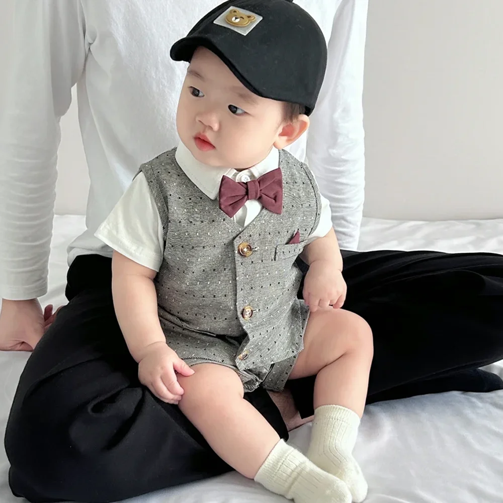 Boys' Suit Summer 4 Pcs Set Short-sleeved Shirt +vest+shorts+tie Bow Toddler 0-2 Year Gentleman's Dress Baby Birthday Banquet