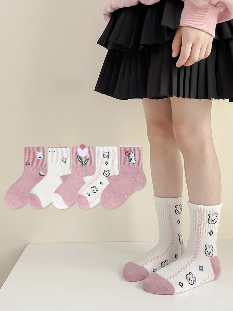 

MILANCEL 5 Pairs a Lot 2024 New Children's Socks Autumn/Winter Girls' Pink Cartoon Bunny Socks Girls' Cotton Mid Tube Socks