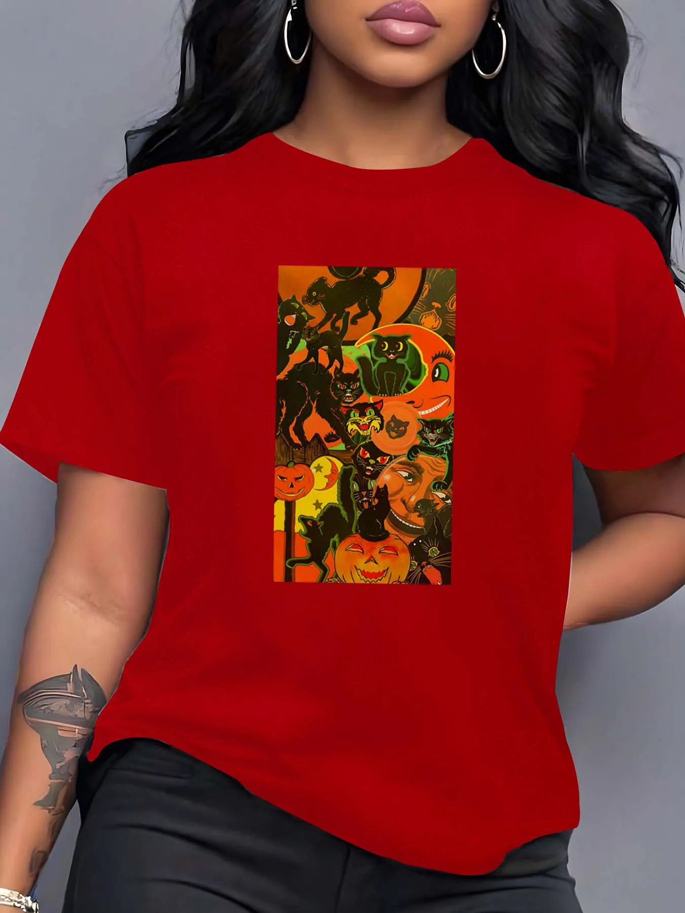 

Тематический наряд на Хэллоуин больших размеров с ярким котом и элементами тыквы для женщин, которые желают, элегантный и модный