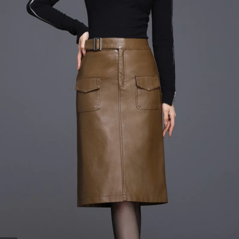 #1604 Black Red Khaki Pencil PU Skirt Women Belt Office Elegant Faux Leather Skirt Female Slim Front Pockets Knee-length Winter